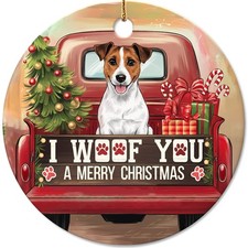 Adorable Jack Russell Terrier Vintage Truck Ornament I Woof You Merry Christmas
