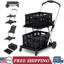 2-Tier Portable Collapsible Shopping Cart with Wheels & Removable Storage Crate