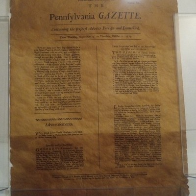 Pennsylvania Gazette  Newsletter September 25 - Oct, 2  1729.  Ben Franklin 