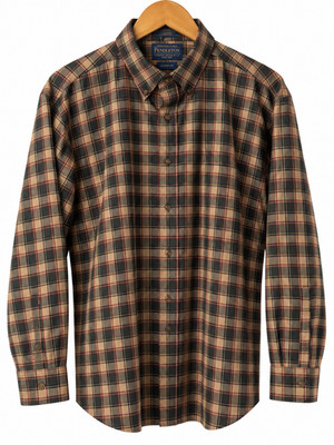 Sir Pendleton Mens L 100% Wool Plaid Shirt Green Brown Tan Button Down