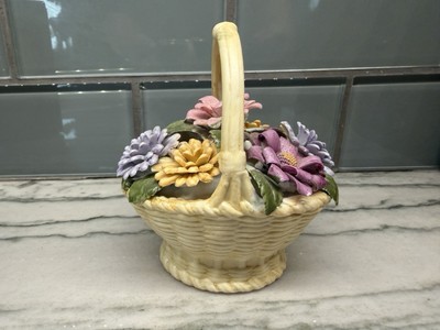 Vintage 1980 Avon Hand Painted Bisque Porcelain Floral Basket Figurine NIB