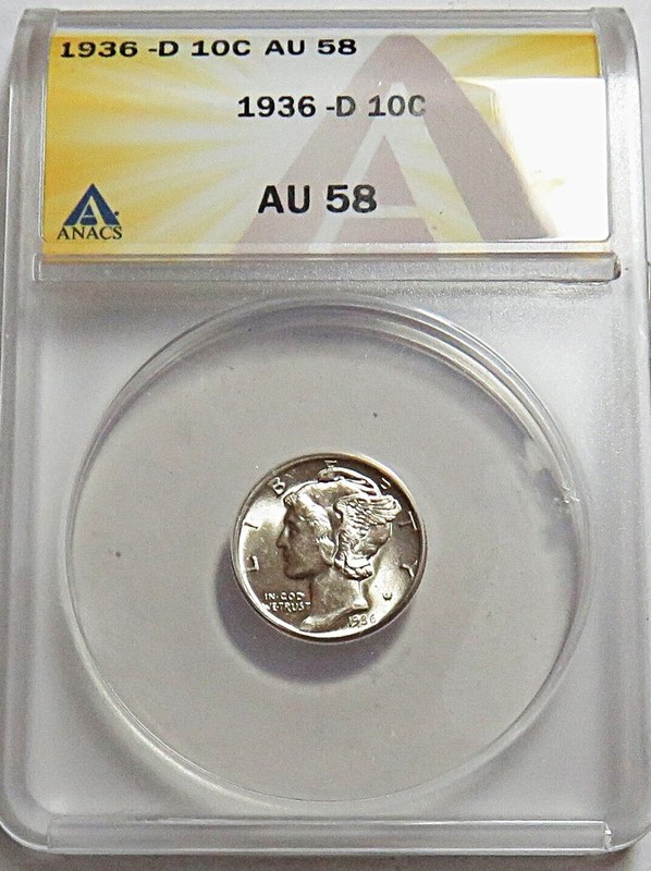 1936-D Mercury Dime LOOKS FULL BANDS GEM BU !!!  Blast White abt unc ANACS AU-58