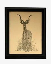 Art Antelope Portrait Print Signed C. M Huggins Framed Vintage Safari Decor