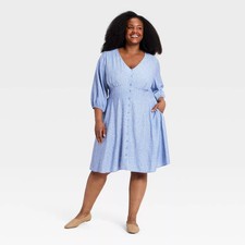 Ava & Viv Women's Plus Balloon 3/4 Sleeve Button-Front Short Flare A-Line Dress