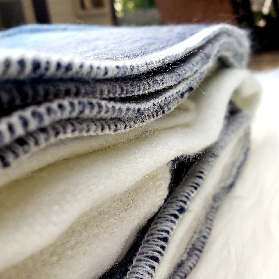Blue Alpaca Wool Blanket / Warm Wool Blanket / Striped Wool Blanket / Queen Size - Image 2 of 2