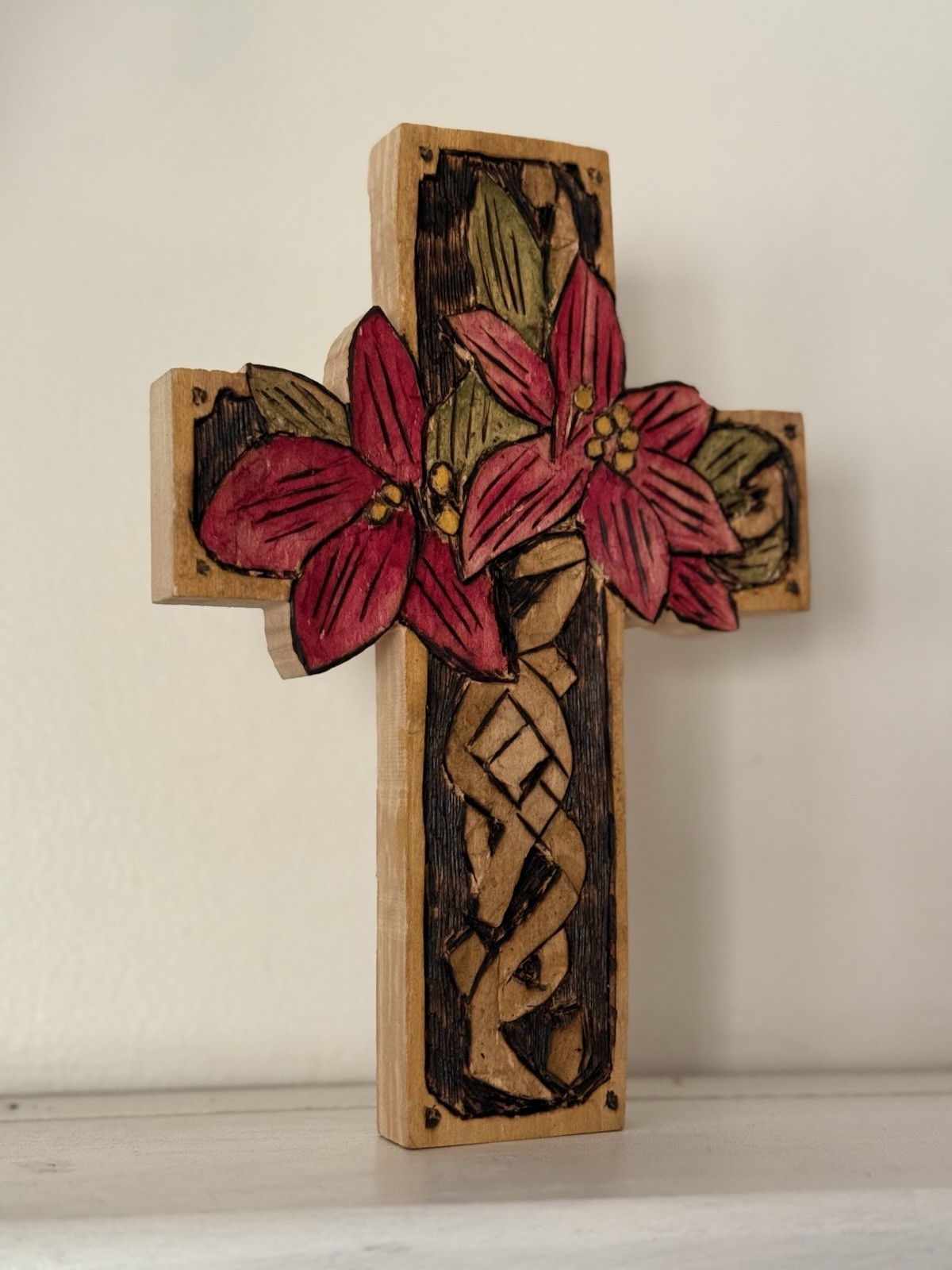 Carved Wood Cross With Pyrography And Color Accents 
