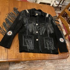 Vtg Southwestern Genuine Suede Leather Jacket Fringe Arms Weave Stitch Seed Bead