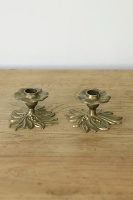Set Solid Brass Tone Leaf Taper Candle Holder - Pair- Gilde