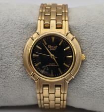 Vtg Unisex Acuet Black Dial Gold Tone Panther Link Quartz Watch - New Battery