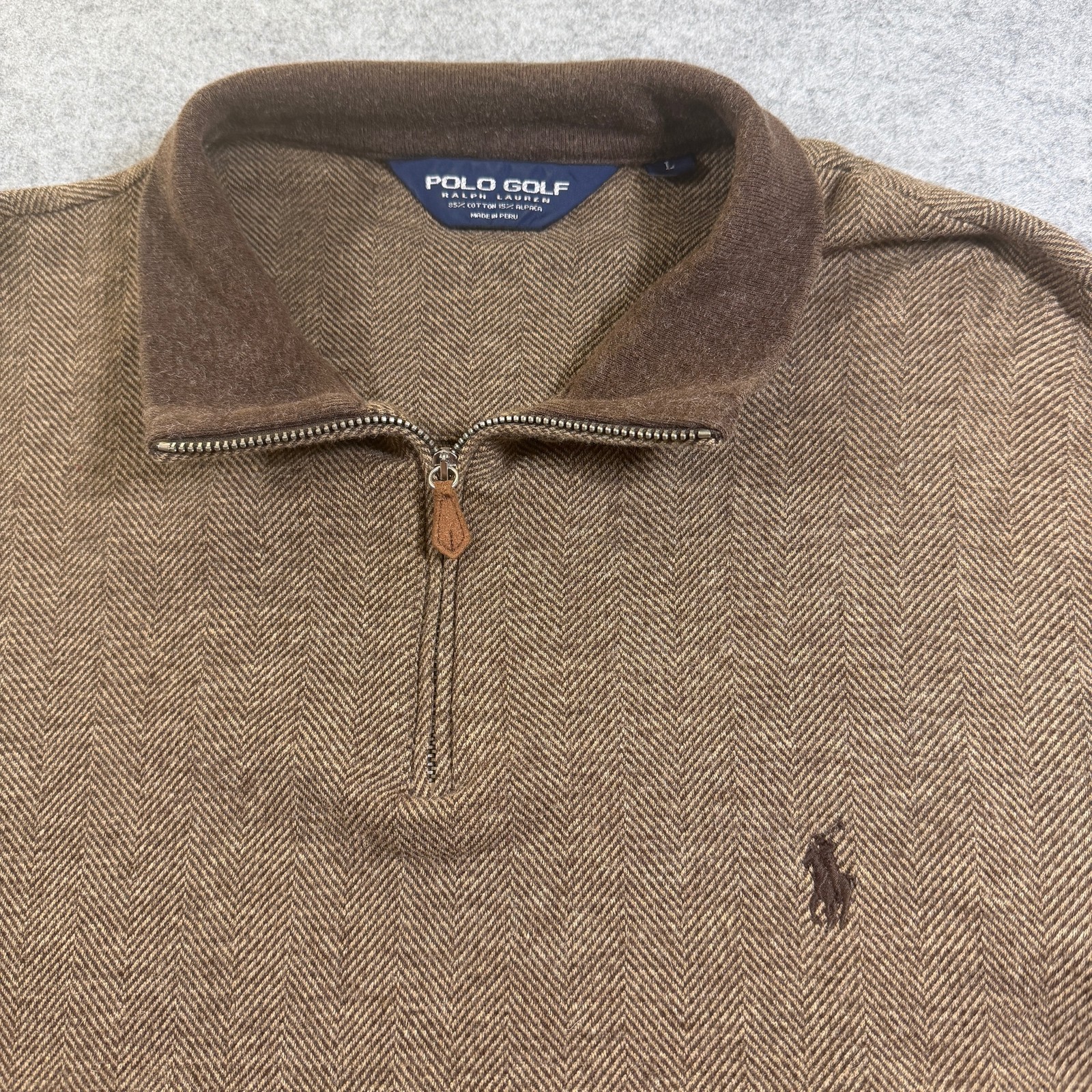 Polo Golf Ralph Lauren Alpaca Sweater Mens L Brown Herringbone 1/4 Zip VTG 90s thumbnail 3