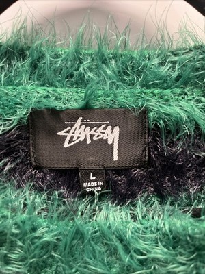 Rare Stussy Men's Hairy Stripe Crew Sweater Black/Green Size Large