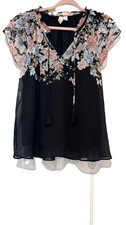 Joie sz XL black floral short cap sleeve ruffle neckline blouse BB
