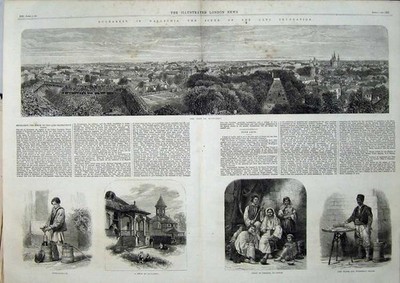 Antiker alter Druck 1865 Stadt Bukarest Zigeuner Straßenverkäufer Walachei Kunst 19.