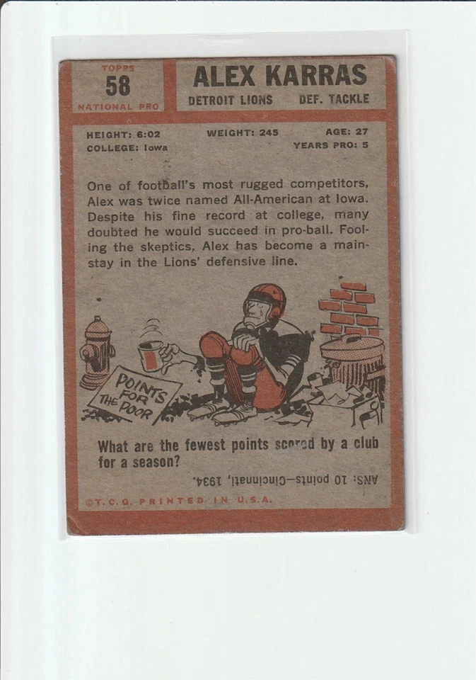 1962 TOPPS FOOTBALL ALEX KARRAS #58 LIONS VG - Image 2 of 2