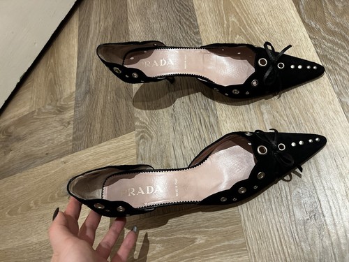 De colección Súper Raro 2000 Prada Negro Gamuza Tachonado Gatito Tacón Mules Talla 39 - Imagen 19 de 22