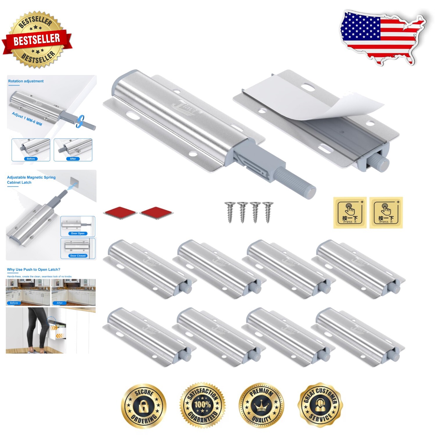Durable Aluminum Push Latch Set - 10 Pack with Adjustable Installation Options