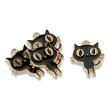 8 Black Enamel Cat Charms - Whimsical Kitty Charms - DIY Jewelry Making