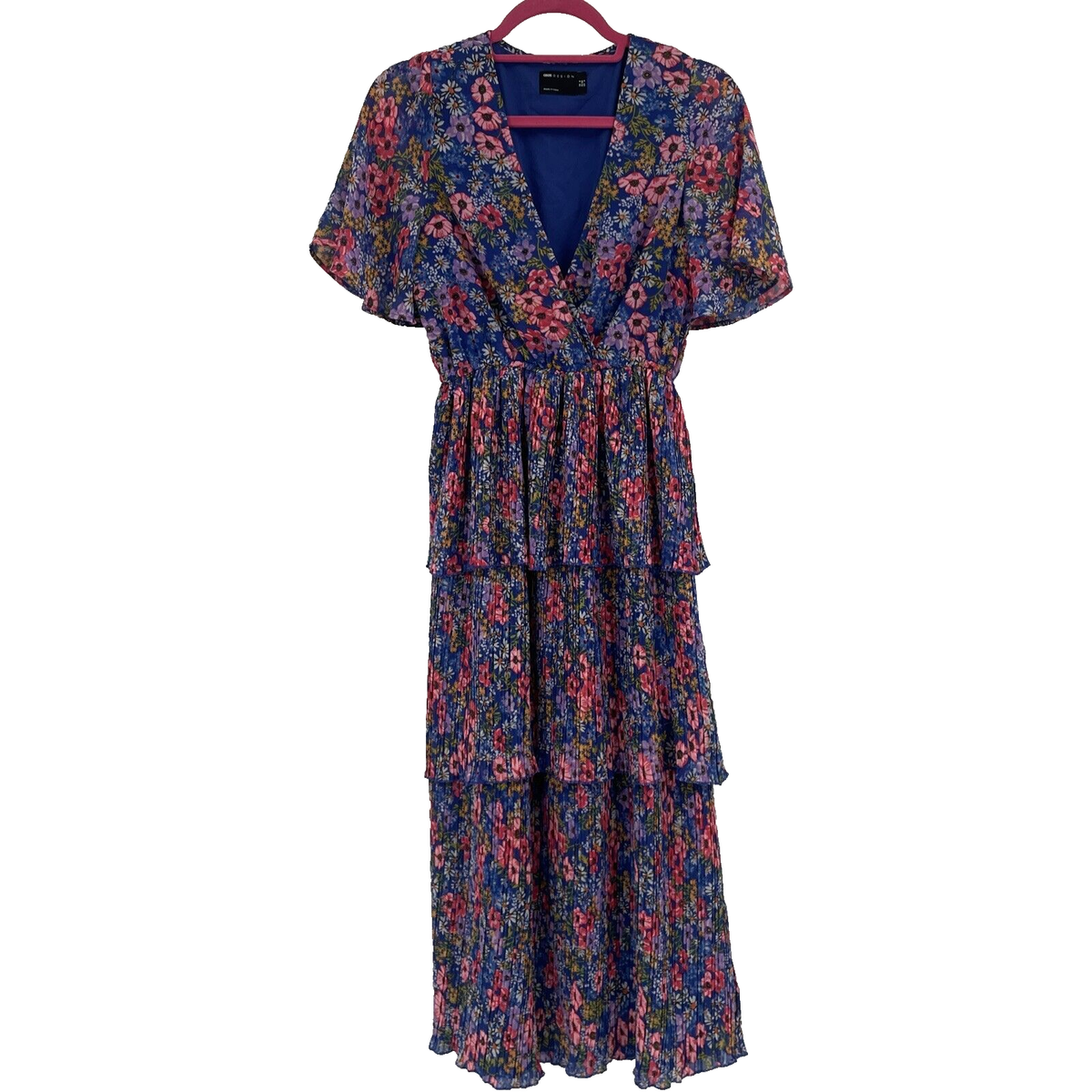 ASOS Design MIDI Tired Floral Pink Blue Dress US