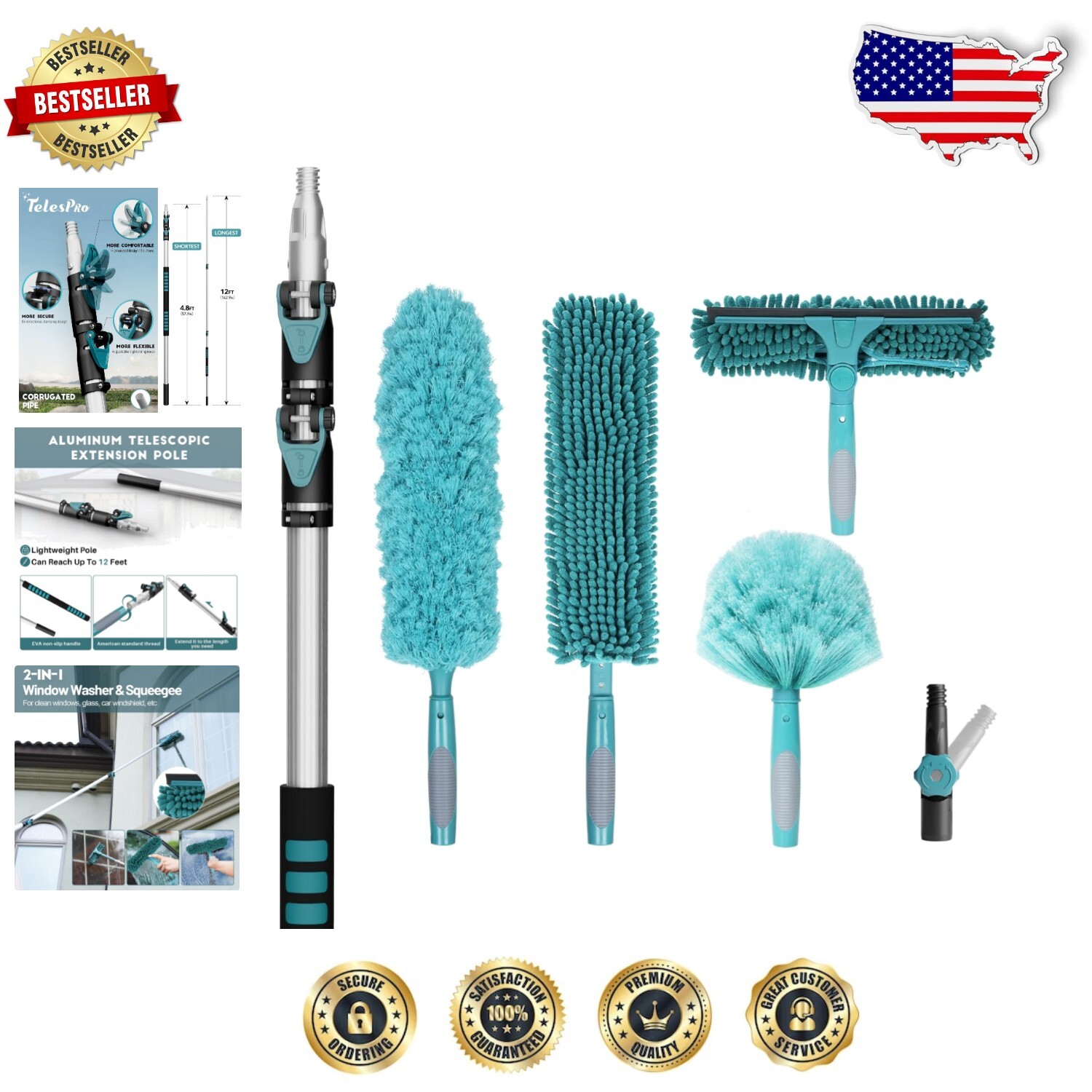 20FT Extendable Duster Set with Cobweb Brush Fan Duster and Window Cleaner