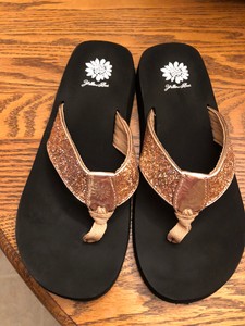 yellow box rose gold flip flops