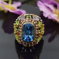 Natural Blue Topaz Multi Gemstone Ring 925 Sterling Silver Gold Plated Jewelry