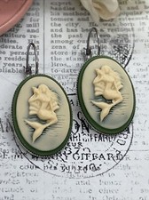 Mermaid Green Sea Life Silver Wedding Gift Anniversary Earrings Cameo Birthday