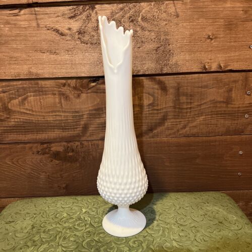 Large Vtg. Pedestal Fenton Milk Glass Swung Vase Hobnail 19” Tall