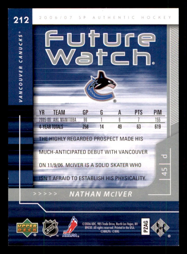 2006-07 SP Authentic #212 Nathan McIver RC /999 (ref 240113) - Image 2 of 2
