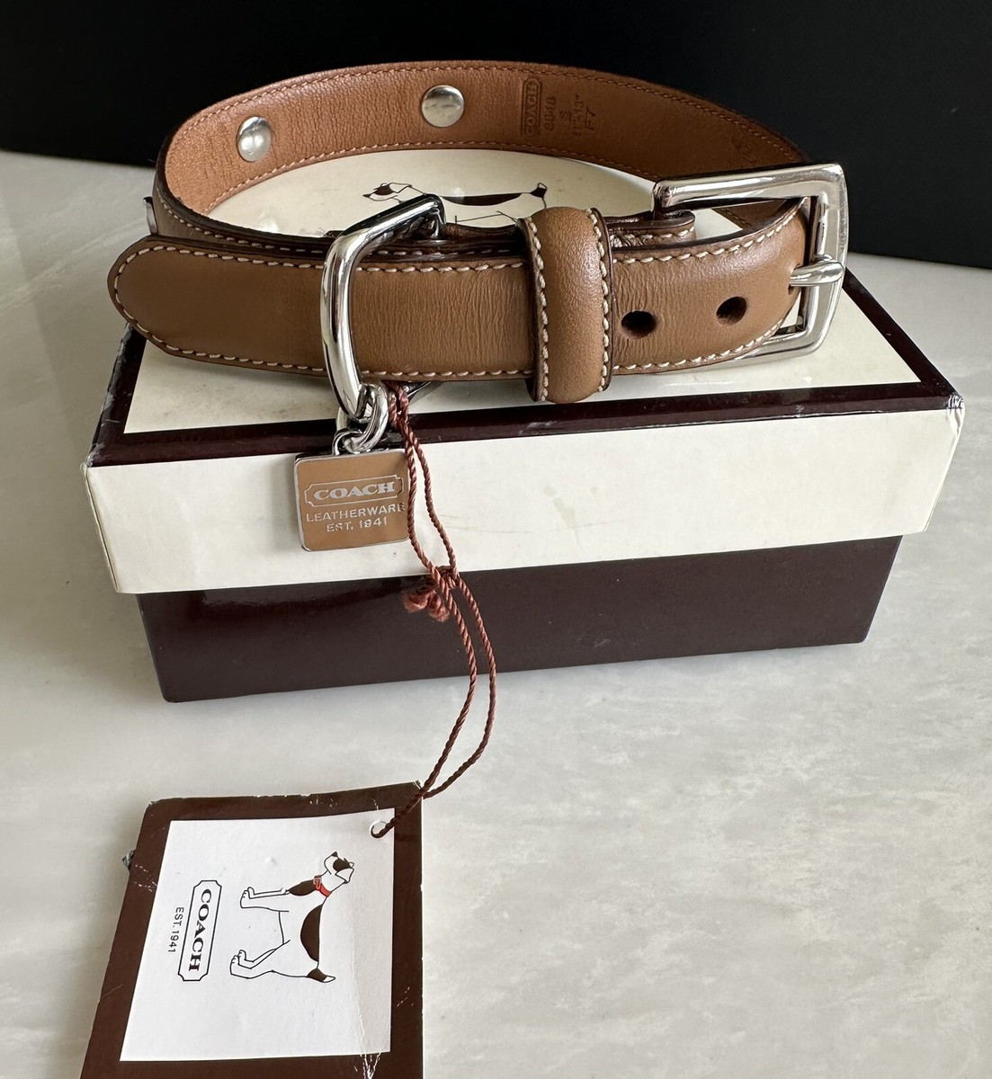 NEW COACH CAMEL TAN LEATHER DOG COLLAR GROMMETS CHARM SIZE SMALL