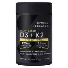 Sports Research D3 Plus K2 (MK-7) 160 Veggie Softgels - 5000iu Vitamin D3
