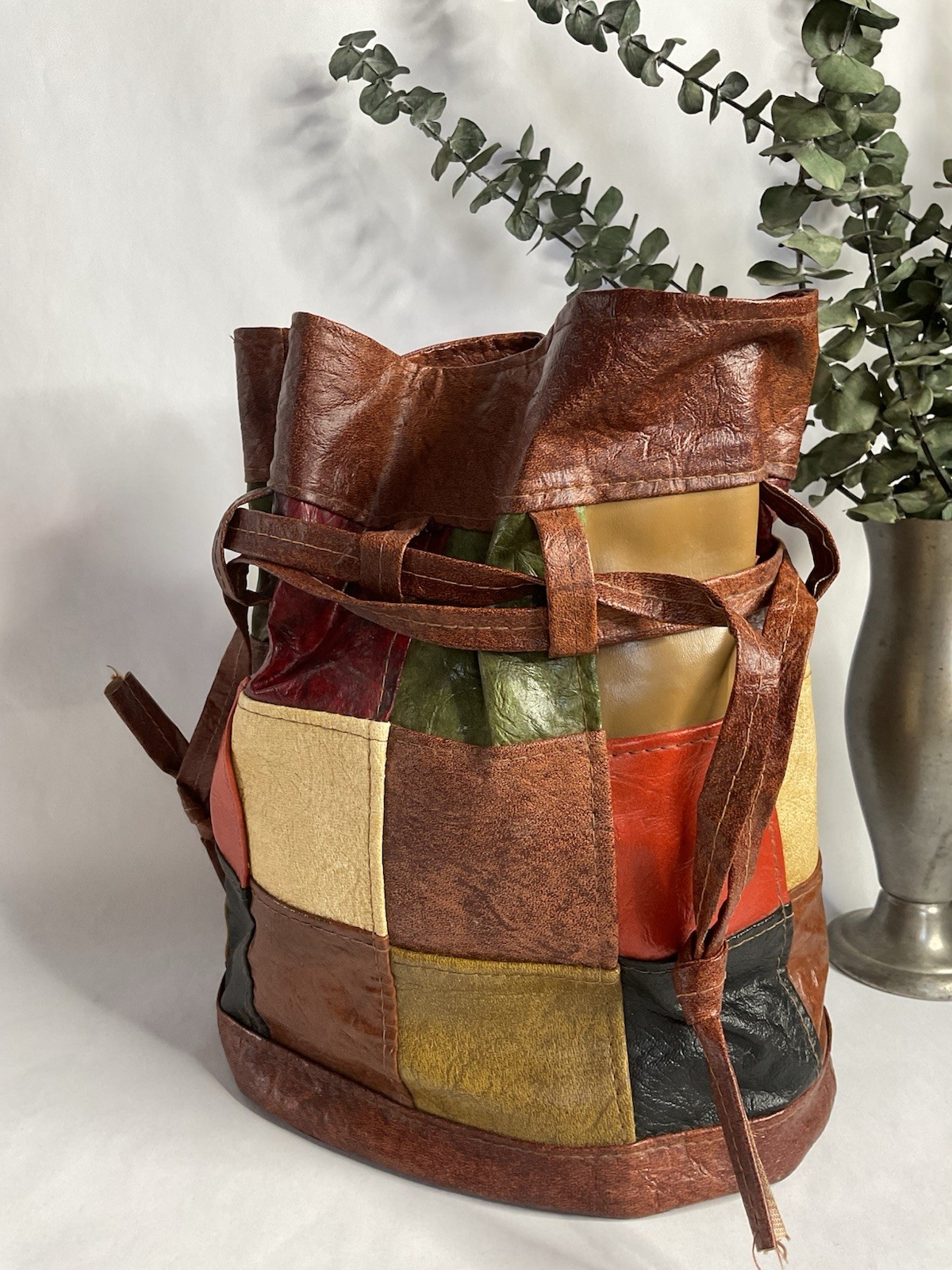 1960s 1970s Patchwork Drawstring Bucket Bag, Vint… - image 5