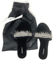Victoria's Secret Rhinestone Bling Velvet Slides Slippers Black Bling Fringe NWT