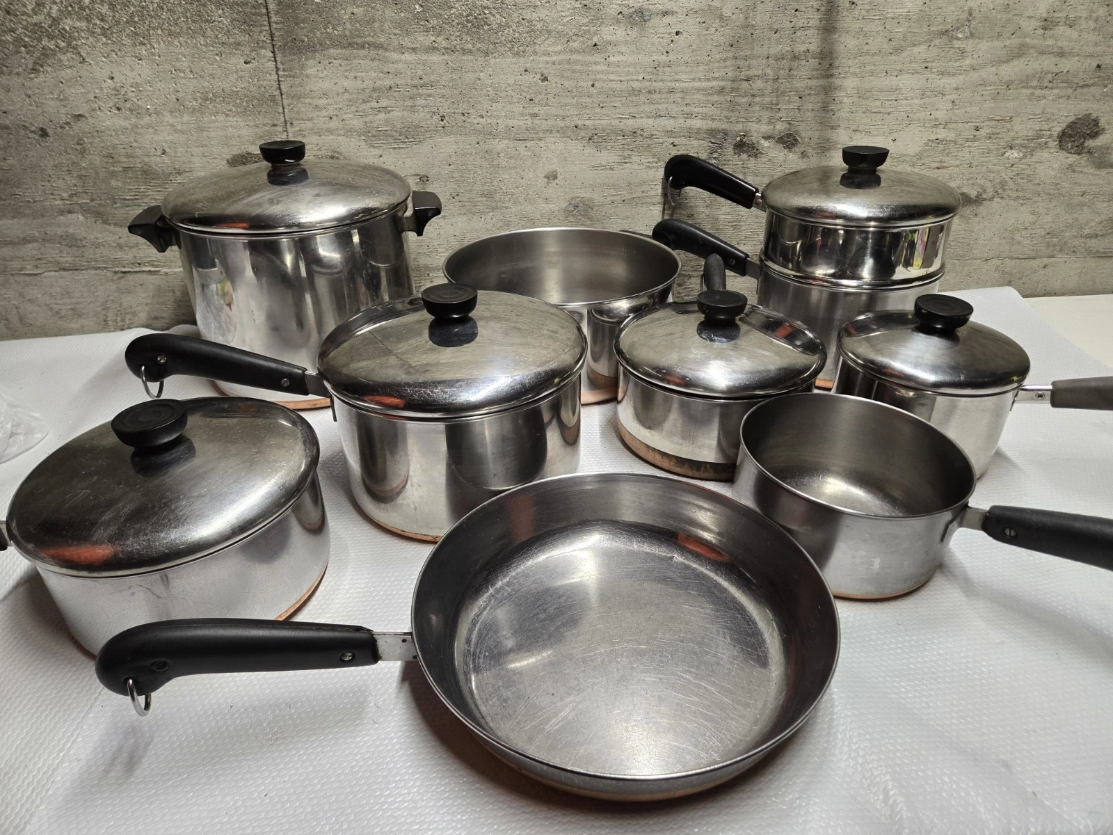 VTG REVERE WARE COPPER BOTTOM 16 PCS COOKWARE SET POTS PANS SKILLETS LIDS (A)