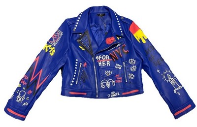 NWT Graffiti Moto Jacket Blue Studded Faux Leather Women's Large Punk Rock Edgy 