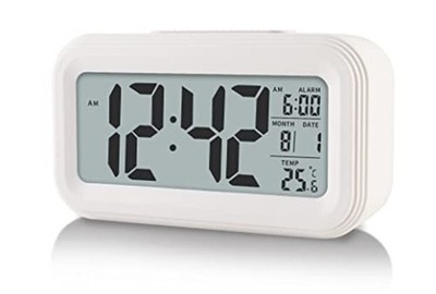 Digital Alarm Clock with Indoor Temperature, Large LED Display, 12/24H, White