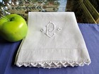 Antique Huck Linen Bath Show Towel w/ Crochet Lace & Embroidered Gothic Mono P — photo 1