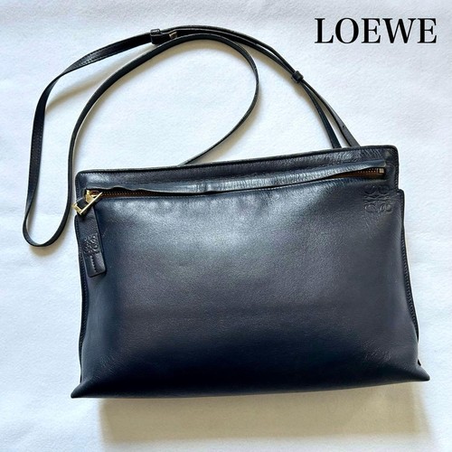 LOEWE Anagram T Pouch Leather Shoulder Bag Navy Crossbody Used Auth From Japan
