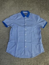 Michael Kors Shirt Mens L Blue Check Stretch Short Sleeve Button Up Slim Fit