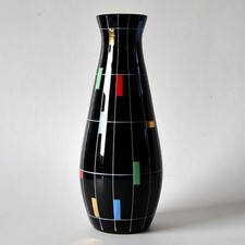 Vintage Hyalith SCHWARZGLAS-VASE mit Emaillemalerei, Höhe 25,5 cm, 50er Jahre