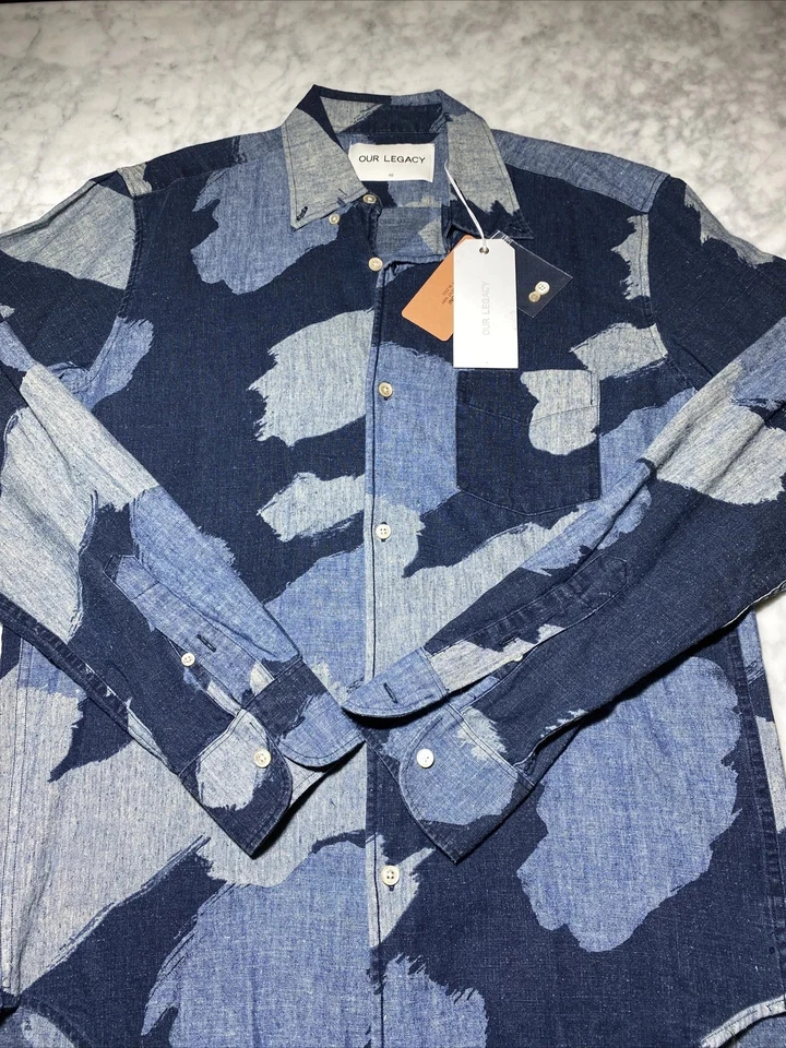 Camisa OUR LEGACY Camuflada Pintada Índigo Cáñamo Japonés Años 50 - Para Hombre Mediana 48 Nueva Con Etiquetas Foto 2 de 4