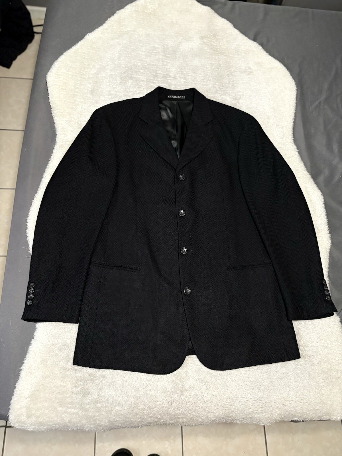 Hugo Boss Blazer Mens 42L Black Wool 4-Button Sport Coat Jacket Herringbone