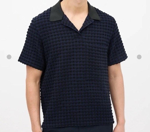 Jil Sander Men’s Woven Seersucker Polo Knit Navy Black SMALL Made In Italy