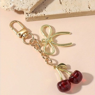 Burgundy 3D Cherry Keychain With Gold Bow Bag Charm Pendant