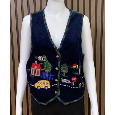 Victoria Jones Vintage Embroidered School Teacher Corduroy Vest Plaid Back PL