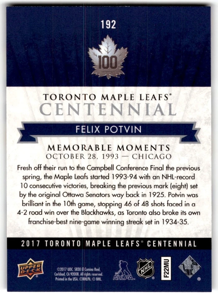 Felix Potvin 2017-18 Upper Deck Toronto Maple Leafs Centennial SP #192 - Image 2 of 2