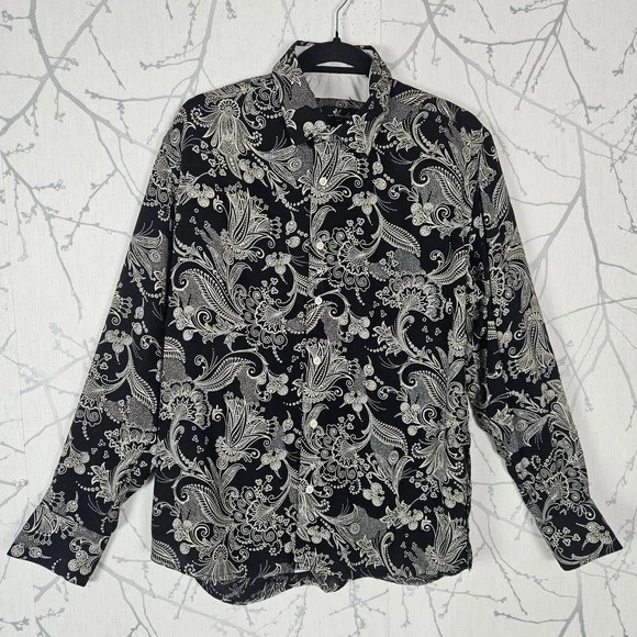 AmedeoExclusive Black Floral Paisley Printed Cotton Button Front Shirt Men's XL