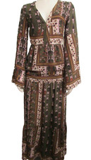 Altar'd State Maxi Dress SZ S Olive Multi Fall V-Neck Long Bell Sleeve NWT 100