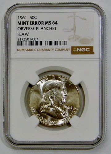 1961 - Silver Franklin Half Dollar - Obverse Planchet Flaw Mint Error -NGC MS 64