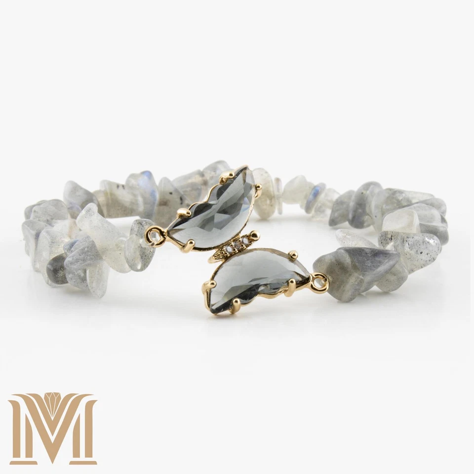 Labradorite Chip Stretch Bracelet – Butterfly Charm, Natural Stone Jewelry (6"-8 - Image 3 of 4