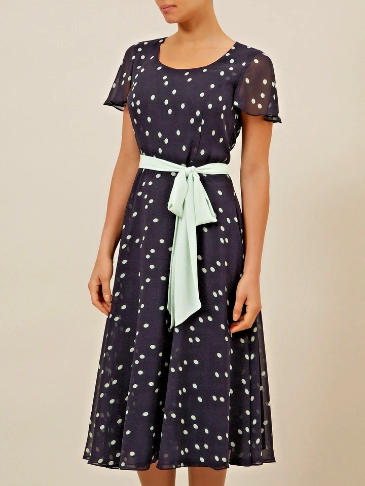 Abito nuovo Jacques Vert 16 chiffon blu navy verde maculato aderente e cintura svasata - Immagine 2 di 4